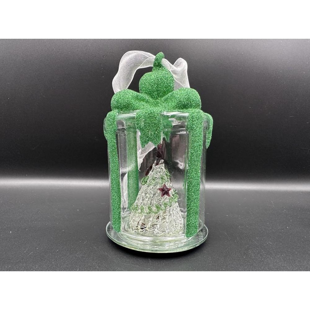 Vintage Christmas Jar Ornament Green Glitter Ribbon Tree Inside Holiday Decor